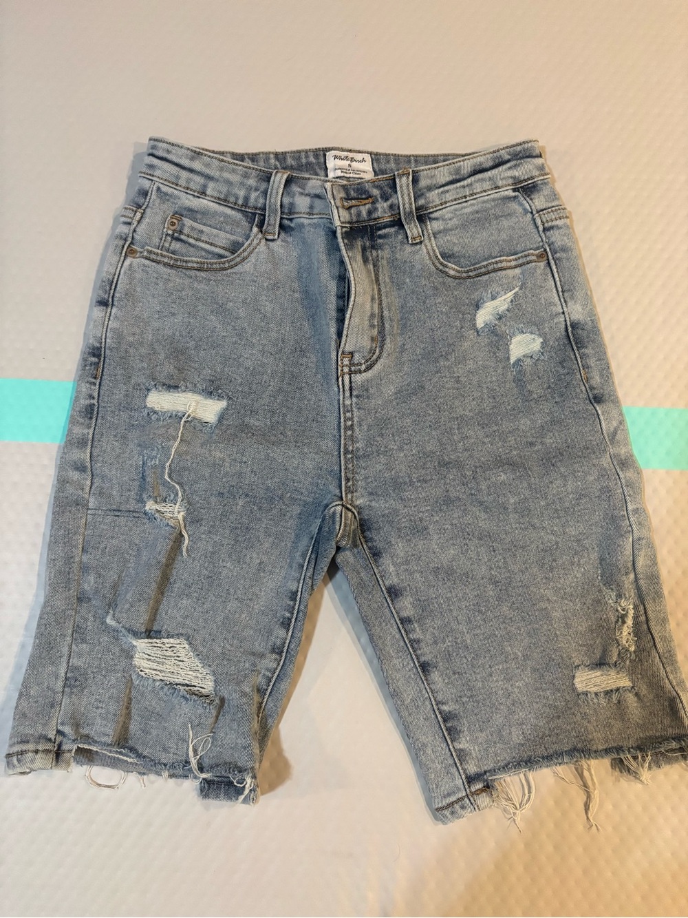 white birch Light Blue Distressed Denim Bermuda Shorts